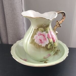 Vintage Lefton China Green Heritage Small Pitcher and Bowl Set 4578 Pink Rose